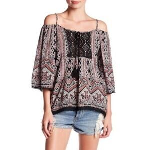 Angie Printed Tasseled Embroidered Off-the-shoulder Boho Blouse Black Large